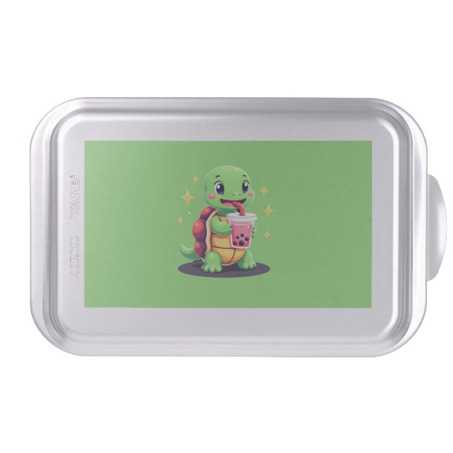 Cute turtle drinking boba. Funny Boba Turtles Love Cake Pan (Front)