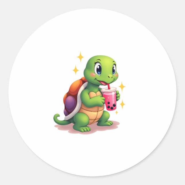 Cute turtle drinking boba. Funny Boba Turtles Love Classic Round Sticker (Front)