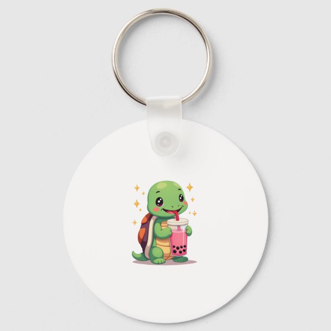 Cute turtle drinking boba. Funny Boba Turtles Love Keychain (Front)