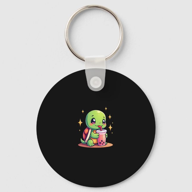 Cute turtle drinking boba. Funny Boba Turtles Love Keychain (Front)