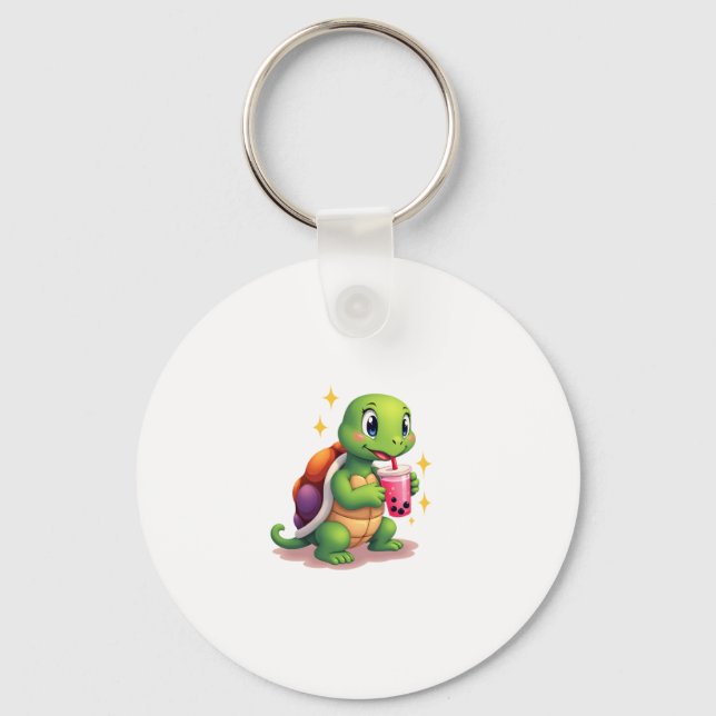 Cute turtle drinking boba. Funny Boba Turtles Love Keychain (Front)
