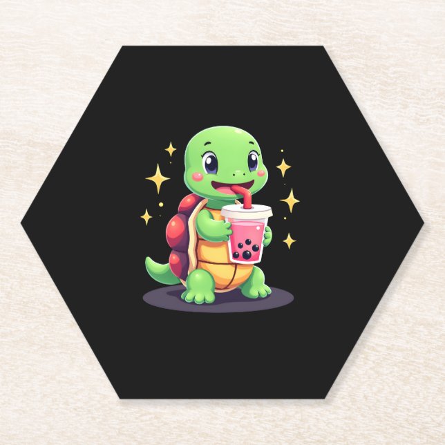 Cute turtle drinking boba. Funny Boba Turtles Love Paper Coaster (Front)