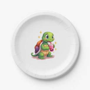 Cute turtle drinking boba. Funny Boba Turtles Love Paper Plates