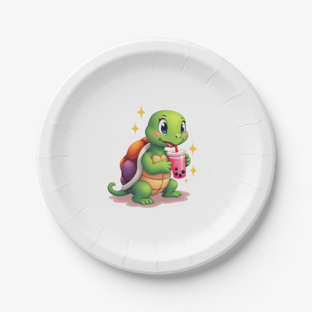 Cute turtle drinking boba. Funny Boba Turtles Love Paper Plates (Front)