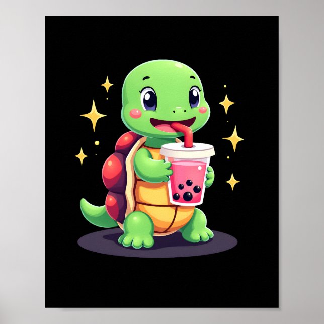 Cute turtle drinking boba. Funny Boba Turtles Love Poster (Front)