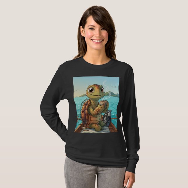 Cute Turtle Drinking Coffee Long Sleeve T-Shirt (Front Full)