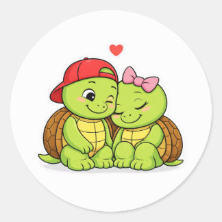 Cute turtle duo in love classic round sticker