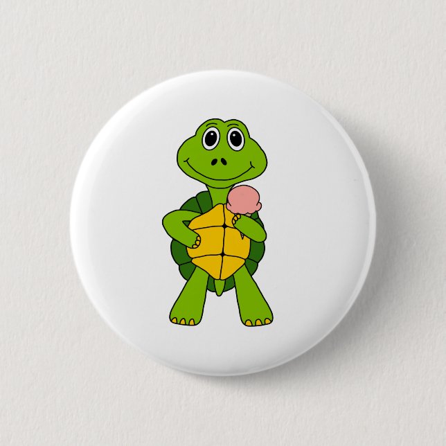 Cute Turtle Eating Ice Cream Cartoon Button (Front)