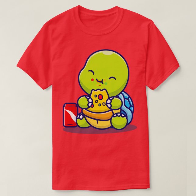 Cute Turtle Eating Pizza With Soda T-Shirt (Design Front)