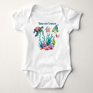 Cute turtle, fish & starfish, swimming underwater baby bodysuit