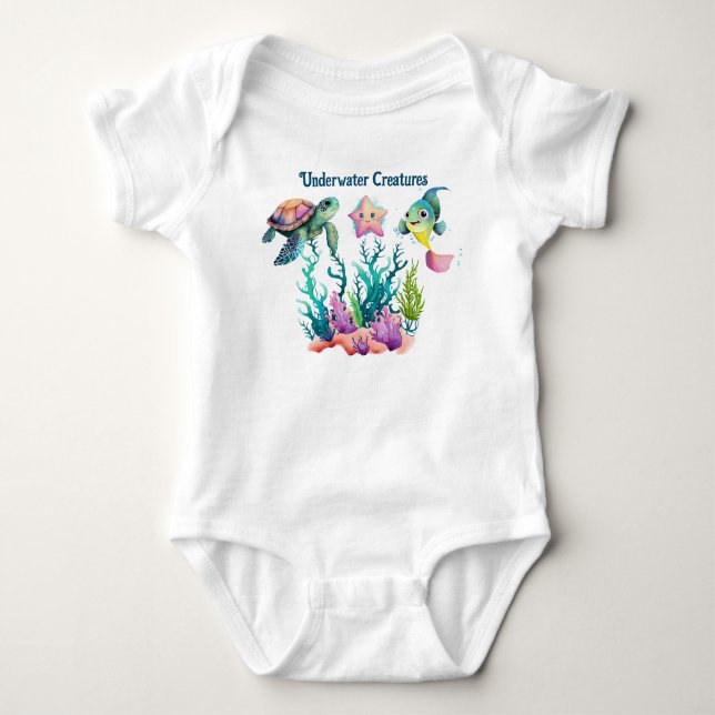 Cute turtle, fish & starfish, swimming underwater baby bodysuit (Front)