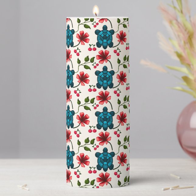 Cute Turtle Floral pattern   Pillar Candle (In Situ)