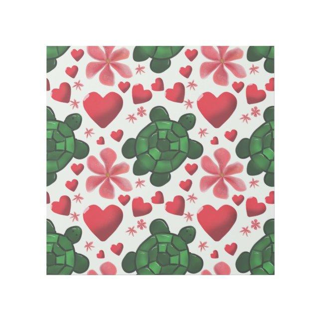 Cute Turtle Floral Pattern | Red Flowers Hearts  Gallery Wrap (Front)