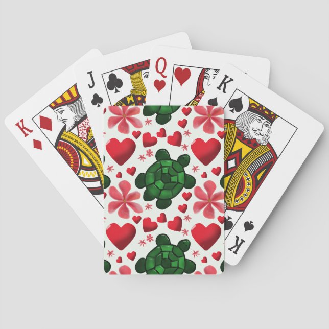 Cute Turtle Floral Pattern | Red Flowers Hearts  Poker Cards (Back)