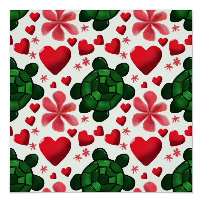 Cute Turtle Floral Pattern | Red Flowers Hearts  Poster (Front)