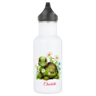 Cute Turtle Floral Personalized Name Stainless Steel Water Bottle