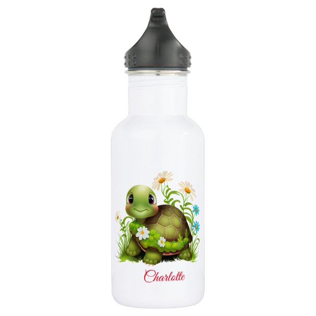 Cute Turtle Floral Personalized  Name Stainless Steel Water Bottle (Right)
