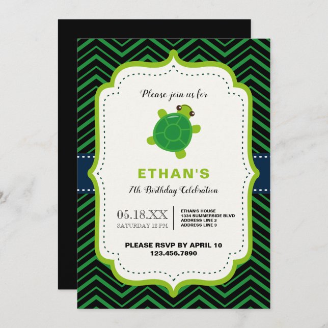 CUTE turtle green black kawaii kids boys birthday Invitation (Front/Back)