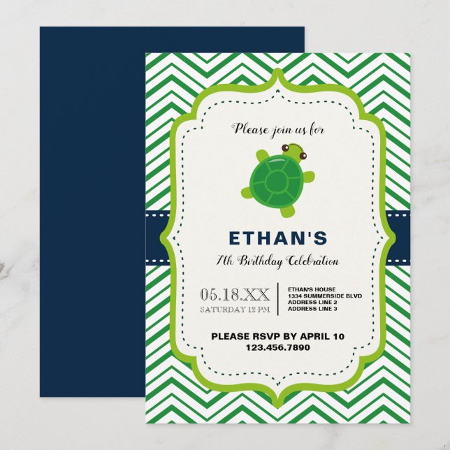 CUTE turtle green blue kawaii kids boys birthday Invitation (Front/Back)