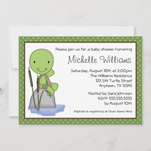 Cute Turtle Green Polka Dot Baby Shower Personalized Invitations
