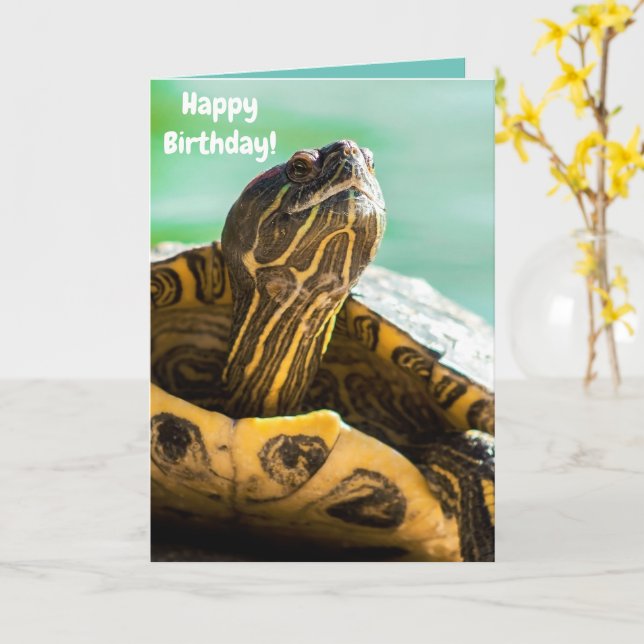 Cute Turtle Happy Birthday Card (Yellow Flower)