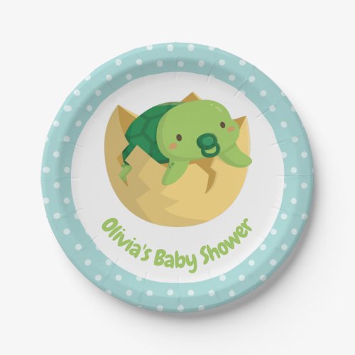 Cute Turtle In Egg Polka Dots Baby Shower Plates