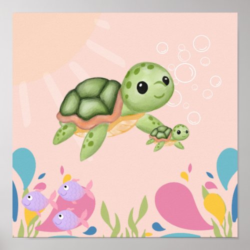 Cute turtle in pink ocean scene poster
