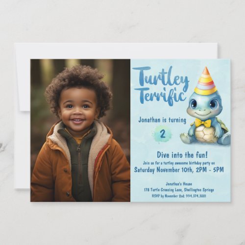 Cute turtle kids birthday photo invitation