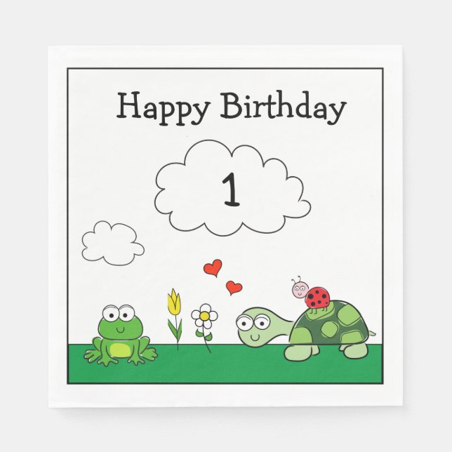 Cute Turtle Ladybug Frog Birthday Paper Napkin (Front)