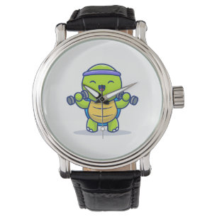 Cute Turtle Lifting Dumbbells Cartoon Illustration Watch