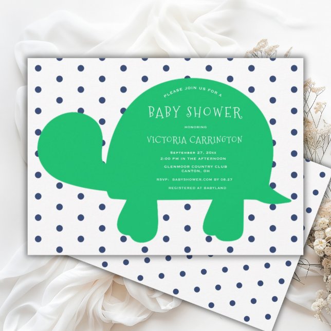 Cute Turtle Navy Blue Polkadots Baby Shower  Invitation (Creator Uploaded)