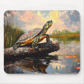 Cute Turtle on a Log Everglades Painting Mouse Pad