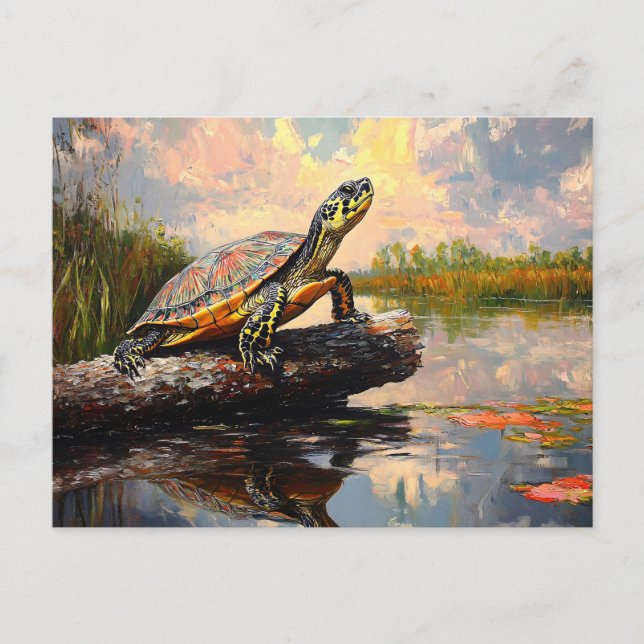 Cute Turtle on a Log Everglades Painting Postcard (Front)