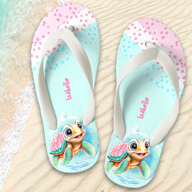Cute Turtle Personalized Girls' Kid's Flip Flops (Creator Uploaded)
