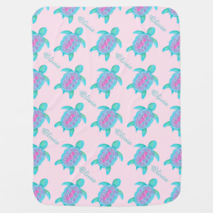 Cute turtle pink heart name patterned blanket