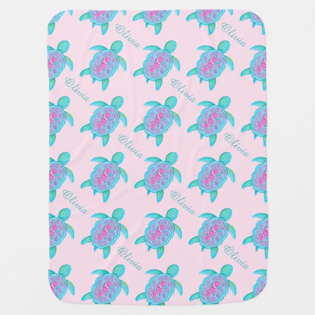 Cute turtle pink heart name patterned blanket (Front)