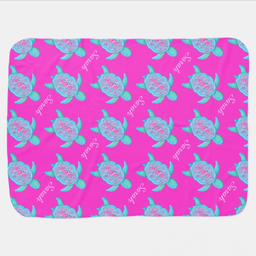 Cute turtle pink heart name patterned blanket | Zazzle