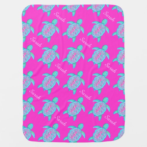 Cute turtle pink heart name patterned blanket