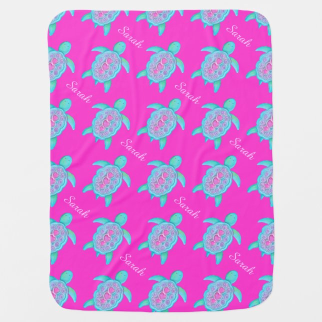 Cute turtle pink heart name patterned blanket (Front)