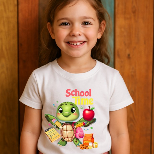 Cute Turtle "School Time" Back to School Design T-Shirt (Adorable cartoon turtle ready for schoo)