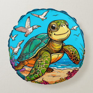🐢 Cute Turtle Seagulls Ocean Beach Fun Design Round Pillow