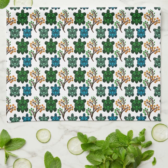 Cute Turtle Seamless Pattern | Ocean Animal Repeat Kitchen Towel (Folded)
