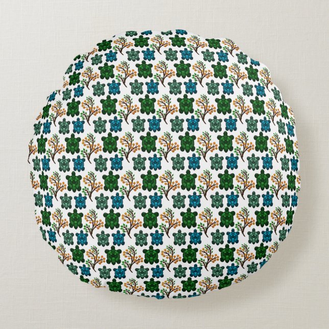 Cute Turtle Seamless Pattern | Ocean Animal Repeat Round Pillow (Front)