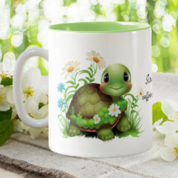 Cute Turtle Slow &amp; Steady Funny Quote Personalized Two-Tone Coffee Mug