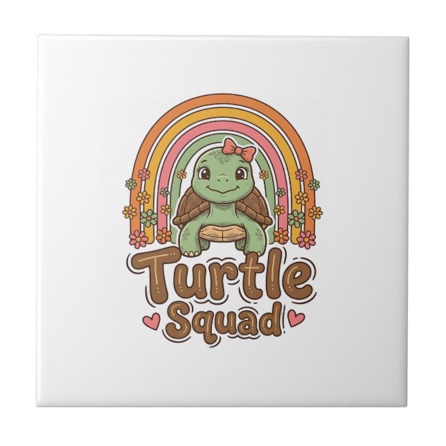 Cute Turtle Squad Rainbow Floral Vector Design_1 Ceramic Tile (Front)