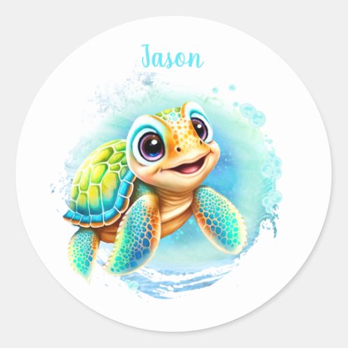 Cute Turtle Summer Name Boy  Classic Round Sticker