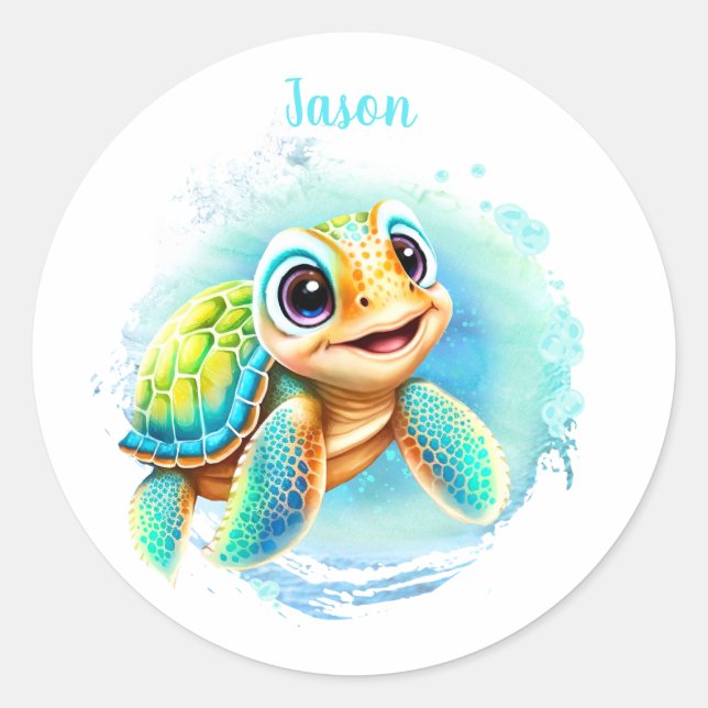 Cute Turtle Summer Name Boy  Classic Round Sticker (Front)