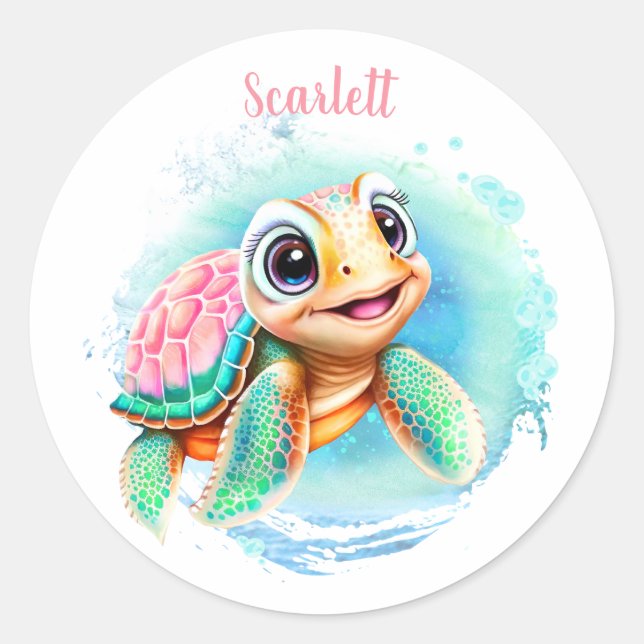 Cute Turtle Summer Name Girl  Classic Round Sticker (Front)