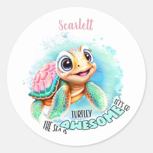 Cute Turtle Summer Name Girl  Classic Round Sticker