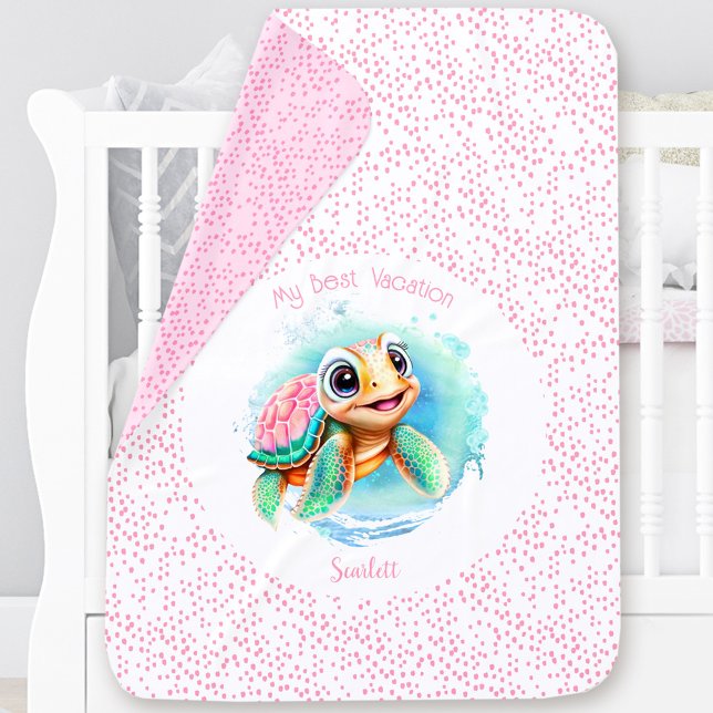 Cute Turtle Summer Pink Custom Name Girl  Baby Blanket (Cute Turtle Summer Vacation Personalized Girl Baby Blanket)
